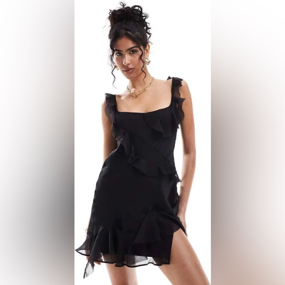 ASOS DESIGN raw edge frill mini dress with tie back